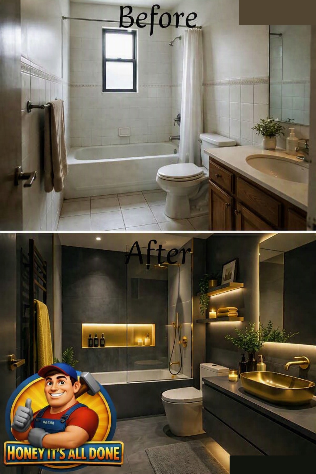 Before and after of a bathroom renovation, from dated white tile to a dark modern finish