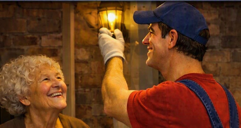 Honey It's All Done handyman helping an elderly woman with a porch light