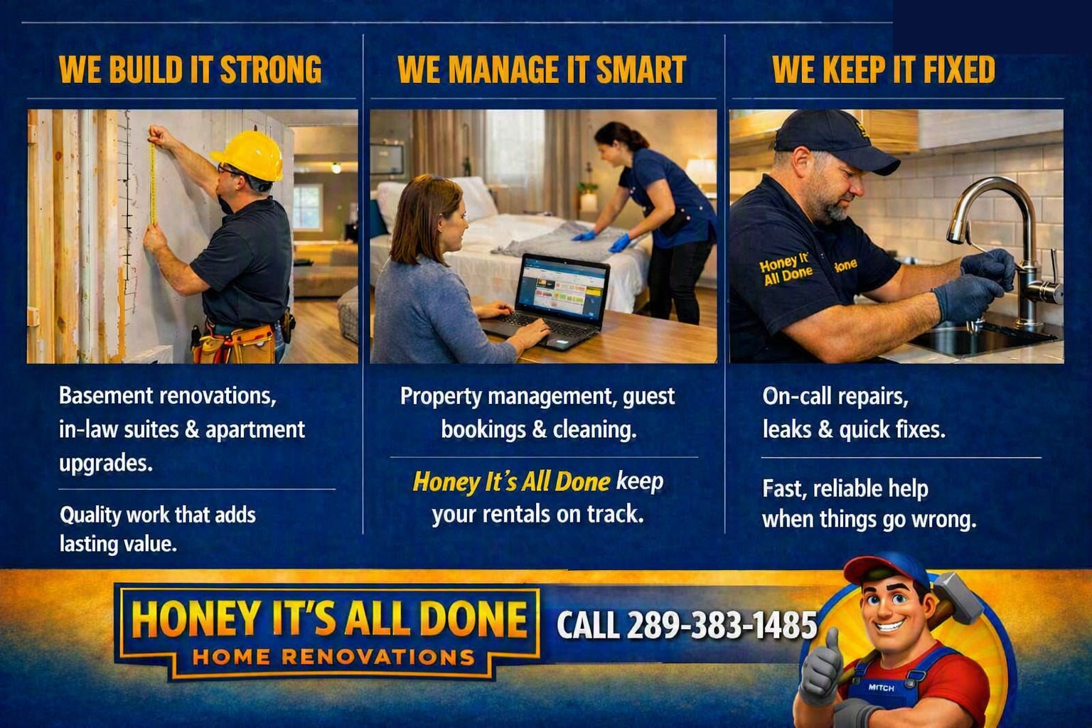 Honey It's All Done service pillars: build it strong, manage it smart, keep it fixed