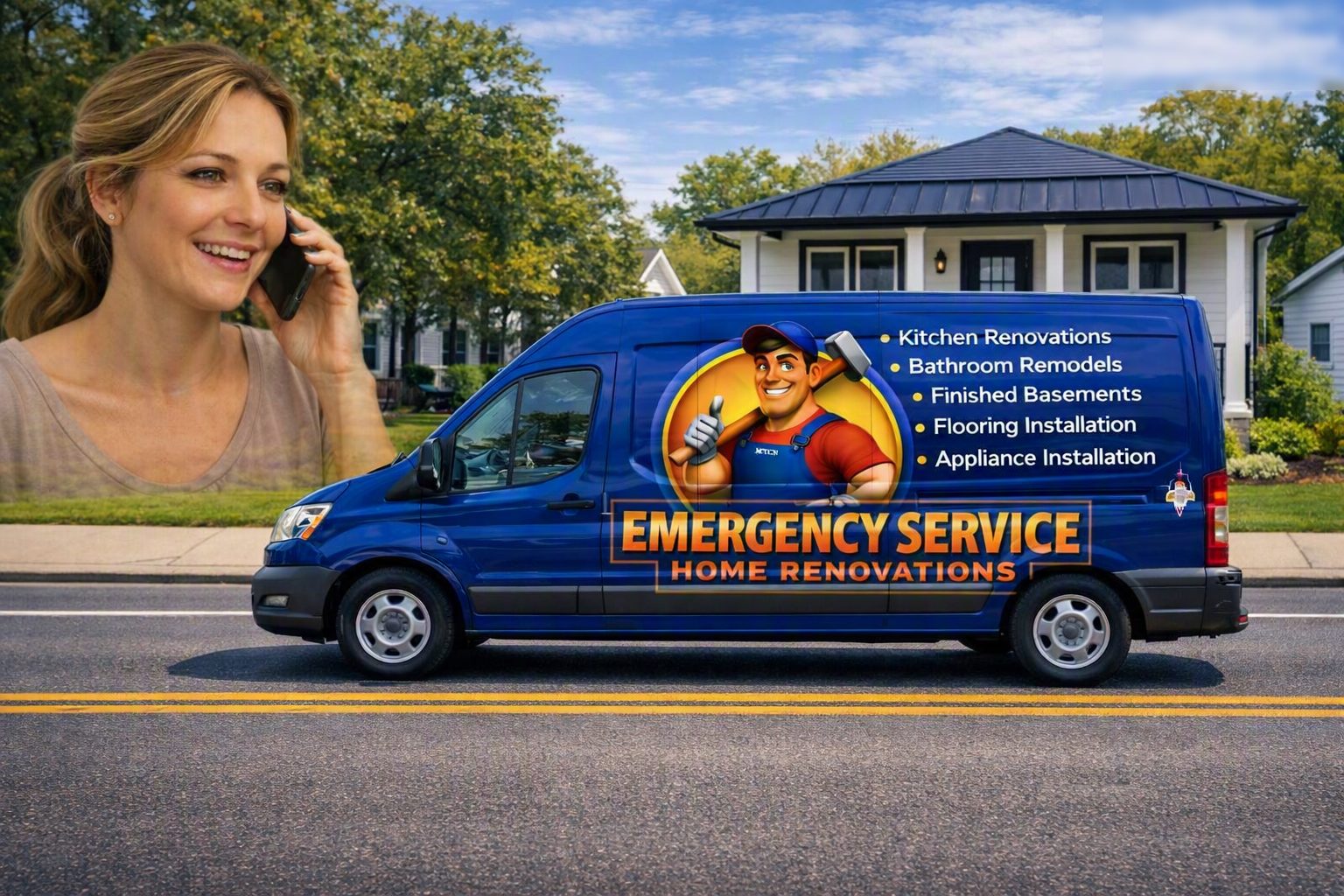 Honey It's All Done service van parked on a residential street while a homeowner calls from her driveway