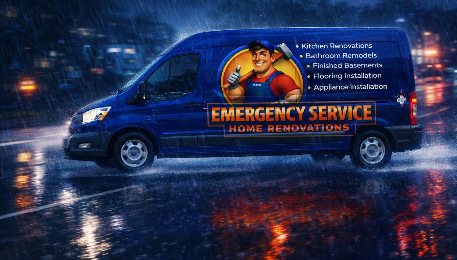 Honey It's All Done emergency van driving through heavy overnight rain