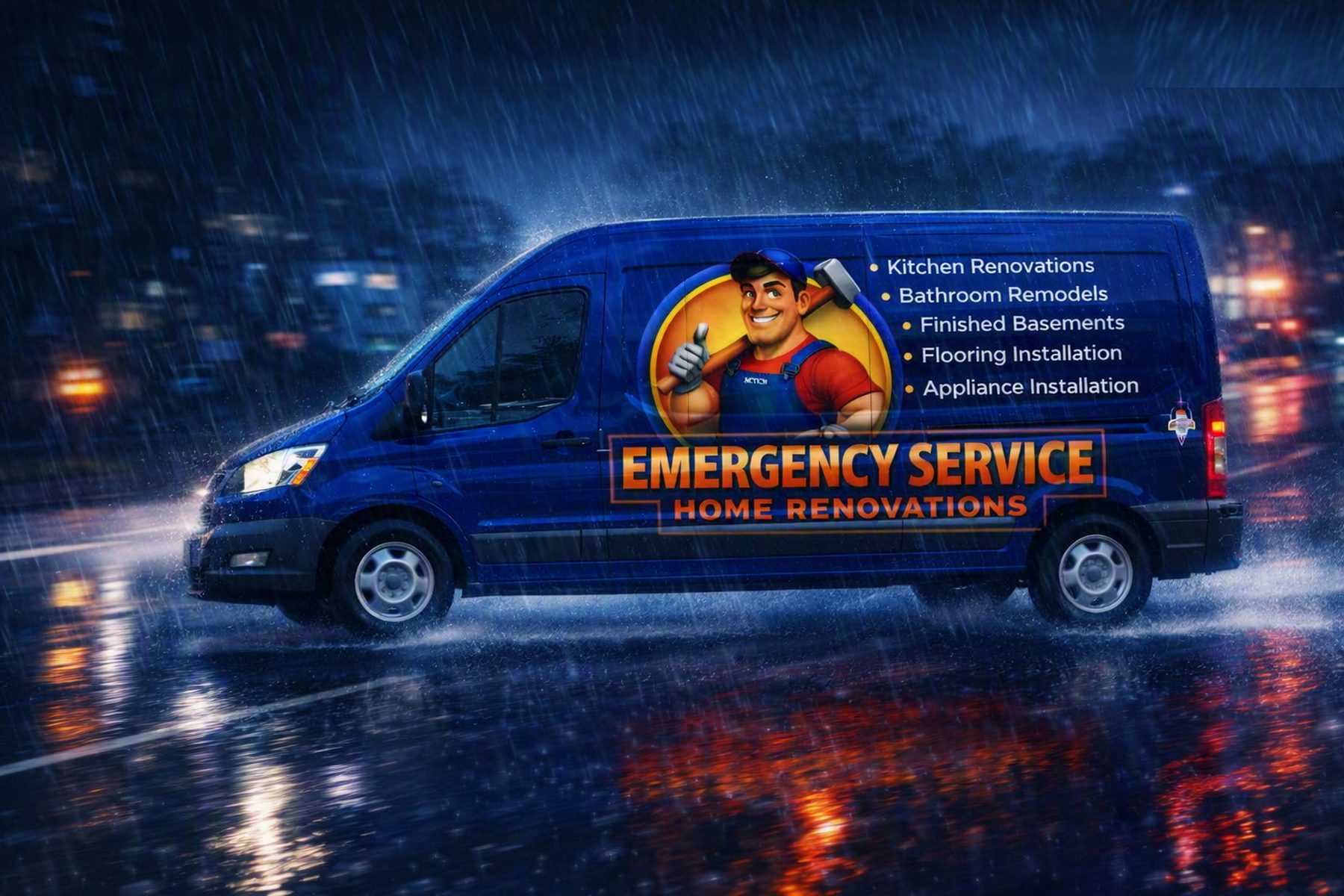 Honey It's All Done emergency van on a rainy night street