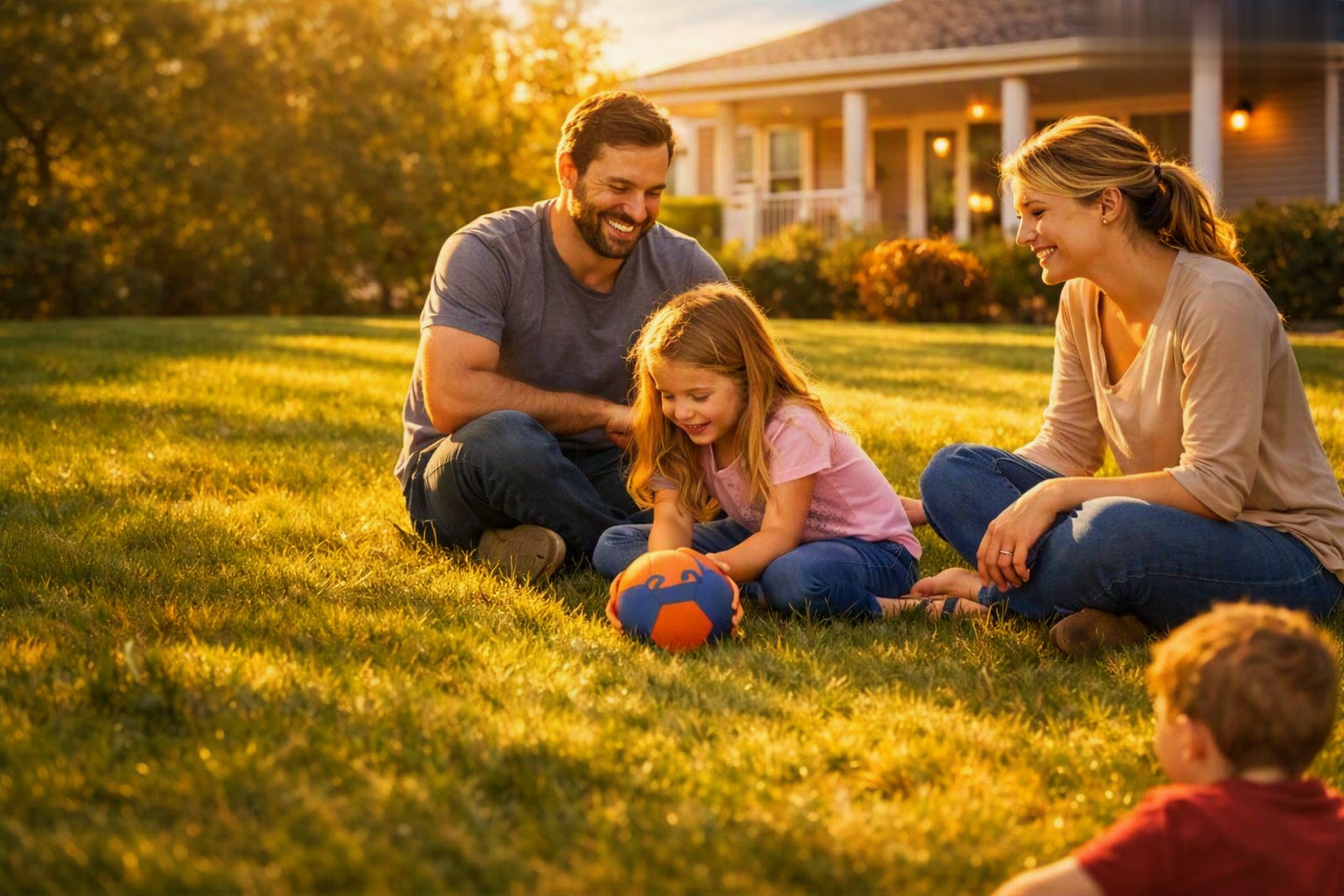 Family relaxing on the front lawn of their home at golden hour